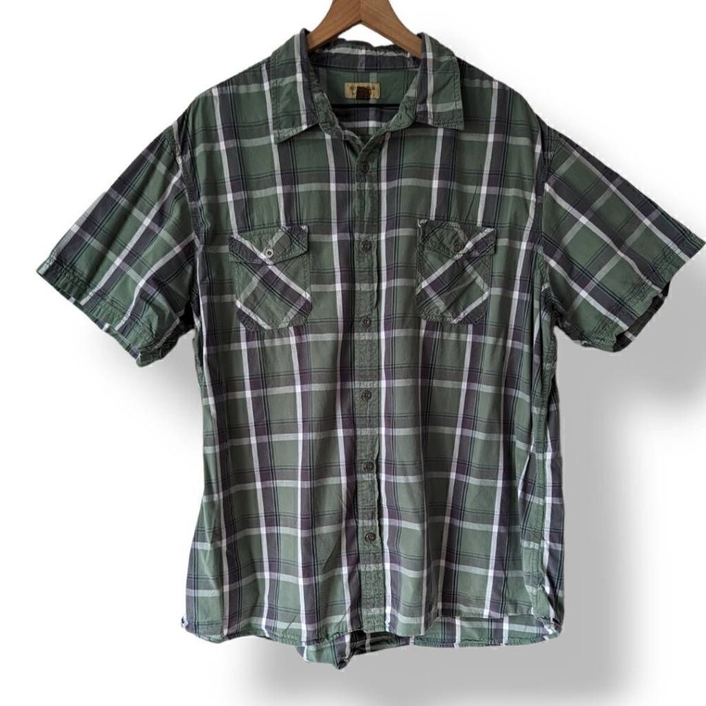 Sonoma Men's Short Sleeve Casual Button Up Green and Navy Plaid Size XXL